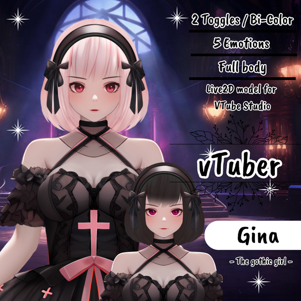 VTuber | Gina, the gothic girl | 5 emotions + 2 toggles | Live2d model for Vtube Studio premade asset for streaming twitch, youtube and more