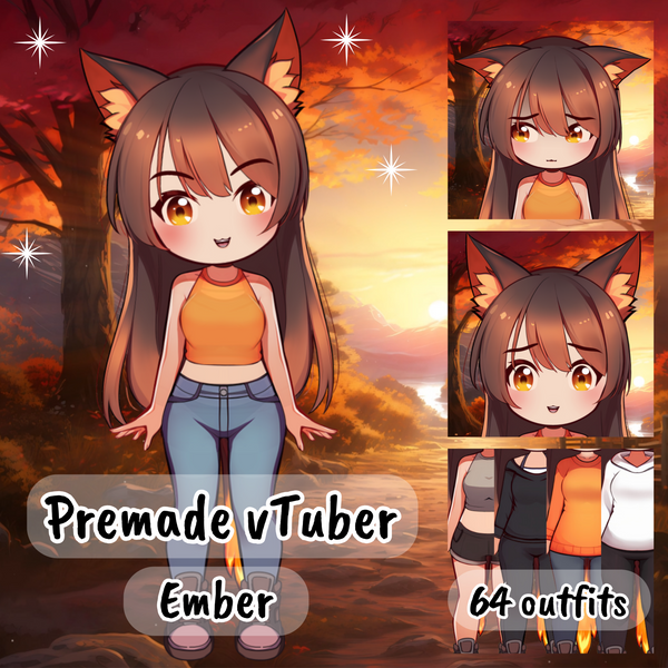 VTuber | Ember, the Chibi Girl | 64 outfit combinations| 4 emotions | Live2d model for Vtube Studio premade for streaming twitch, youtube, kick