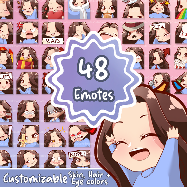 EMOTES BUNDLE Cute Chibi Girl | Perfect for Twitch, Discord, Youtube and more (Female 48 emotes -Jane: brown hair | pale skin | 3 eye color)