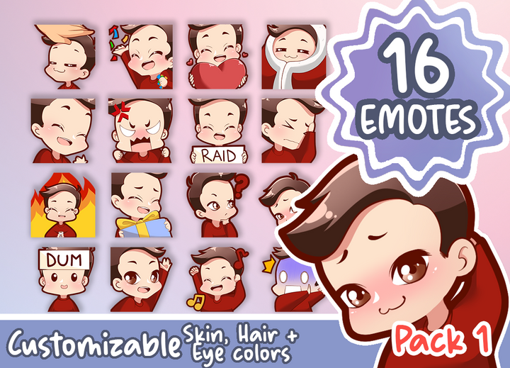 EMOTES BUNDLE Cute Chibi Boy | Perfect for Twitch, Discord, Youtube and more (Male Pack 1 - Ben: brown hair | pale skin | 3 eye colors) - Cute Cake Design