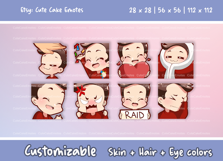 EMOTES BUNDLE Cute Chibi Boy | Perfect for Twitch, Discord, Youtube and more (Male Pack 1 - Ben: brown hair | pale skin | 3 eye colors) - Cute Cake Design