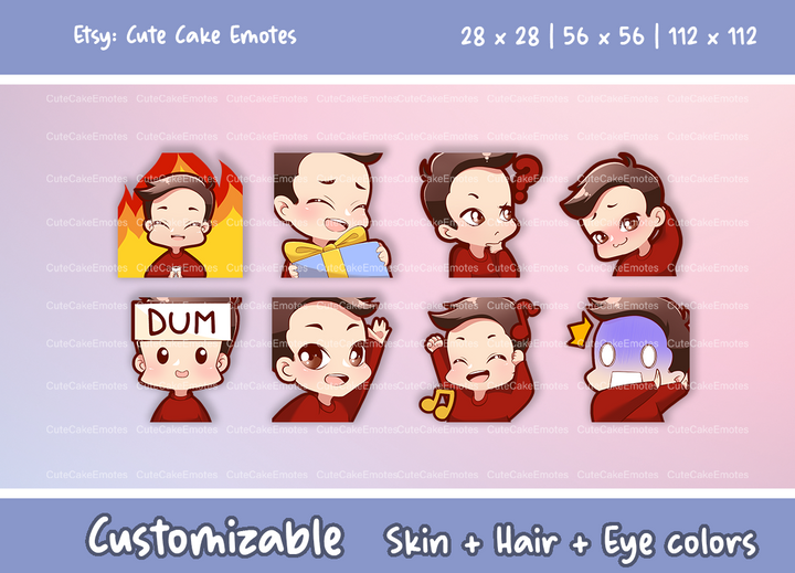 EMOTES BUNDLE Cute Chibi Boy | Perfect for Twitch, Discord, Youtube and more (Male Pack 1 - Ben: brown hair | pale skin | 3 eye colors) - Cute Cake Design