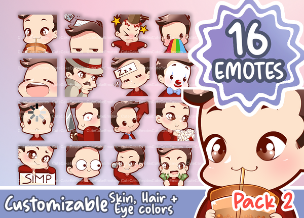 EMOTES BUNDLE Cute Chibi Boy | Perfect for Twitch, Discord, Youtube and more (Male Pack 2 - Ben: brown hair | pale skin | 3 eye colors) - Cute Cake Design