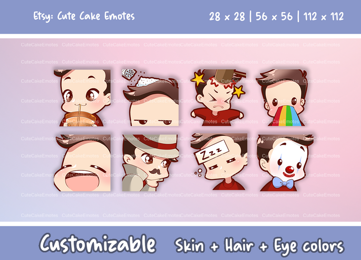 EMOTES BUNDLE Cute Chibi Boy | Perfect for Twitch, Discord, Youtube and more (Male Pack 2 - Ben: brown hair | pale skin | 3 eye colors) - Cute Cake Design