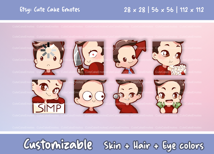 EMOTES BUNDLE Cute Chibi Boy | Perfect for Twitch, Discord, Youtube and more (Male Pack 2 - Ben: brown hair | pale skin | 3 eye colors) - Cute Cake Design