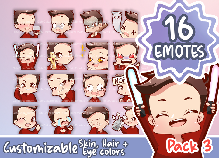 EMOTES BUNDLE Cute Chibi Boy | Perfect for Twitch, Discord, Youtube and more (Male Pack 3 - Ben: brown hair | pale skin | 3 eye colors) - Cute Cake Design