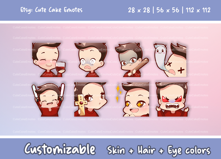 EMOTES BUNDLE Cute Chibi Boy | Perfect for Twitch, Discord, Youtube and more (Male Pack 3 - Ben: brown hair | pale skin | 3 eye colors) - Cute Cake Design