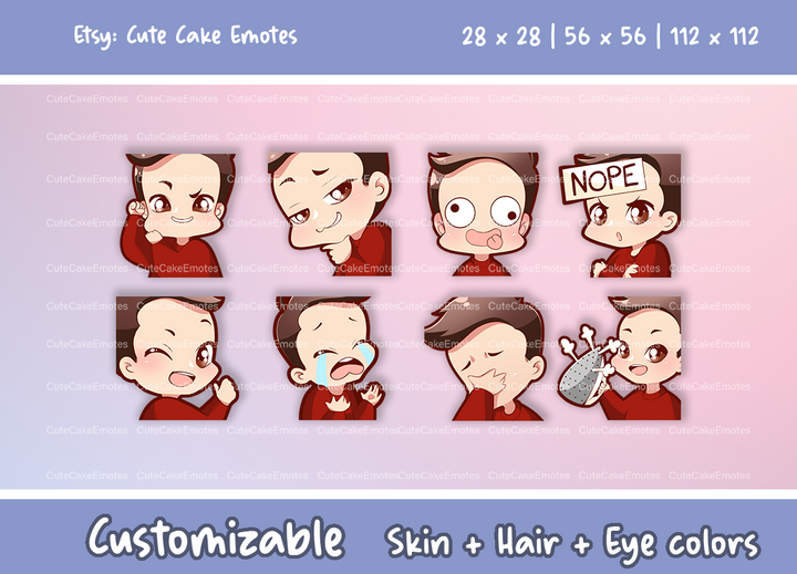 EMOTES BUNDLE Cute Chibi Boy | Perfect for Twitch, Discord, Youtube and more (Male Pack 3 - Ben: brown hair | pale skin | 3 eye colors) - Cute Cake Design