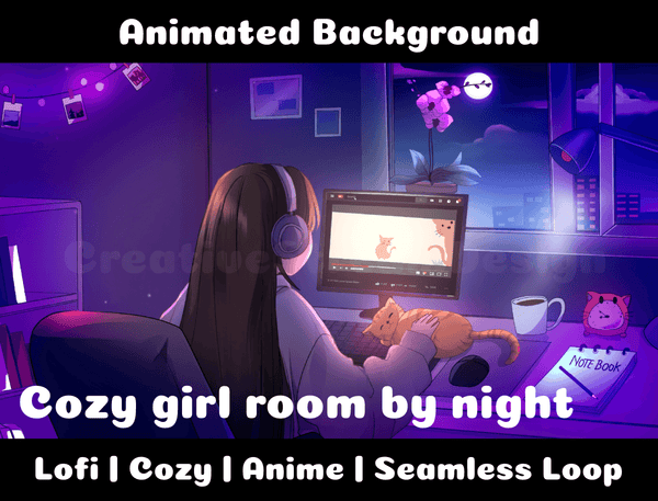 Animated Background | Cozy Girl Room by Night | Twitch, Youtube, vTuber, Streaming, OBS, Overlay - Cute Cake Design