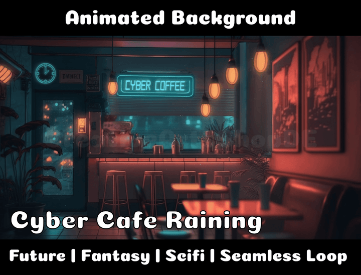 Animated Background | Cyber Cafe Raining | Twitch, Youtube, vTuber, Streaming, OBS, Overlay - Cute Cake Design