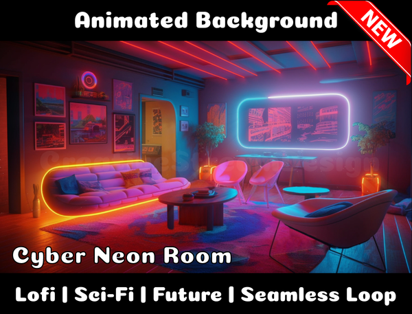 Animated Background | Cyber Neon Room | Twitch, Youtube, vTuber, Streaming, OBS, Overlay - Cute Cake Design