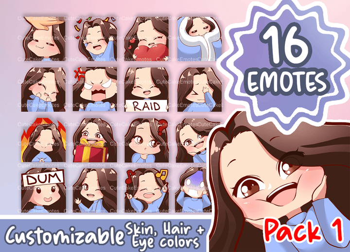 EMOTES BUNDLE Cute Chibi Girl | Perfect for Twitch, Discord, Youtube and more (Female Pack 1 - Jane: brown hair | pale skin | 3 eye colors) - Cute Cake Design