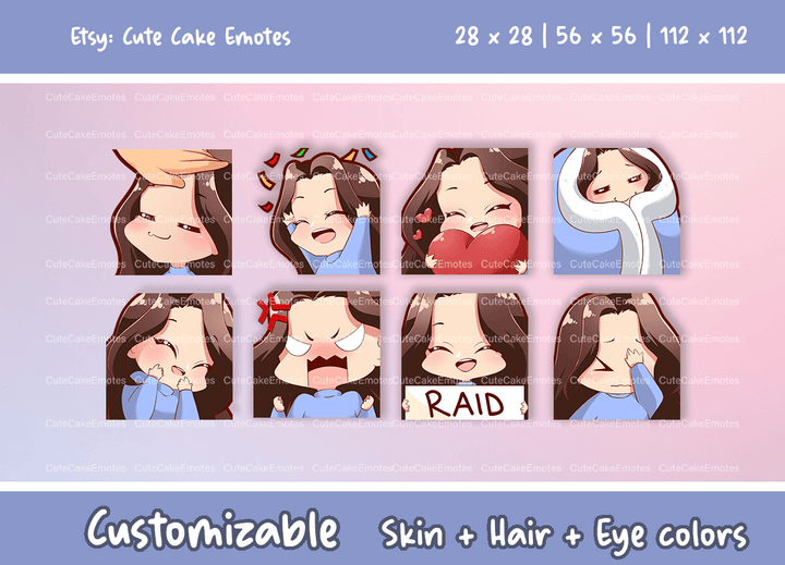 EMOTES BUNDLE Cute Chibi Girl | Perfect for Twitch, Discord, Youtube and more (Female Pack 1 - Jane: brown hair | pale skin | 3 eye colors) - Cute Cake Design