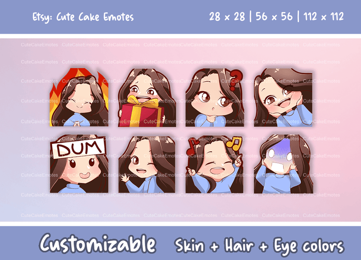 EMOTES BUNDLE Cute Chibi Girl | Perfect for Twitch, Discord, Youtube and more (Female Pack 1 - Jane: brown hair | pale skin | 3 eye colors) - Cute Cake Design