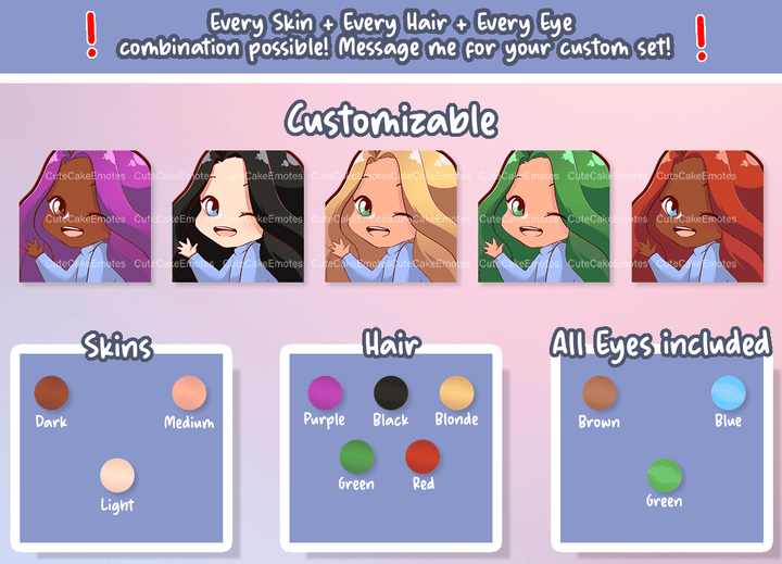 EMOTES BUNDLE Cute Chibi Girl | Perfect for Twitch, Discord, Youtube and more (Female Pack 1 - Jane: brown hair | pale skin | 3 eye colors) - Cute Cake Design