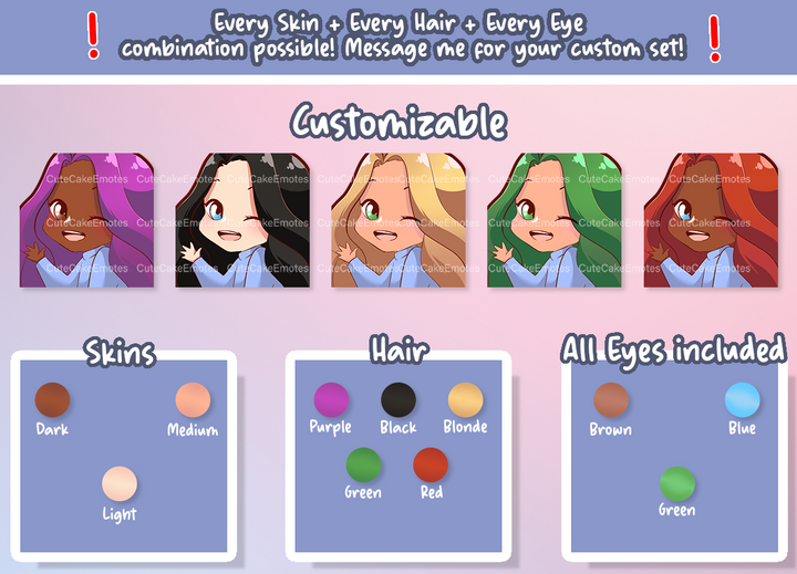 EMOTES BUNDLE Cute Chibi Girl | Perfect for Twitch, Discord, Youtube and more (Female Pack 2 - Jane: brown hair | pale skin | 3 eye colors) - Cute Cake Design