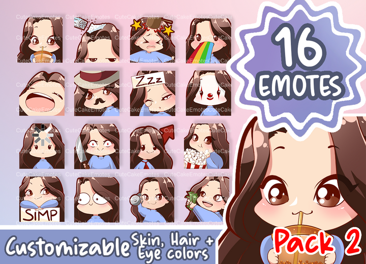 EMOTES BUNDLE Cute Chibi Girl | Perfect for Twitch, Discord, Youtube and more (Female Pack 2 - Jane: brown hair | pale skin | 3 eye colors) - Cute Cake Design