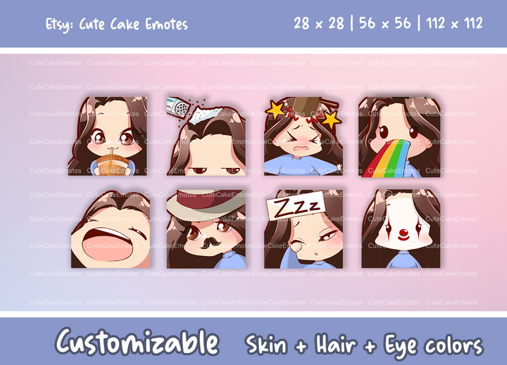 EMOTES BUNDLE Cute Chibi Girl | Perfect for Twitch, Discord, Youtube and more (Female Pack 2 - Jane: brown hair | pale skin | 3 eye colors) - Cute Cake Design