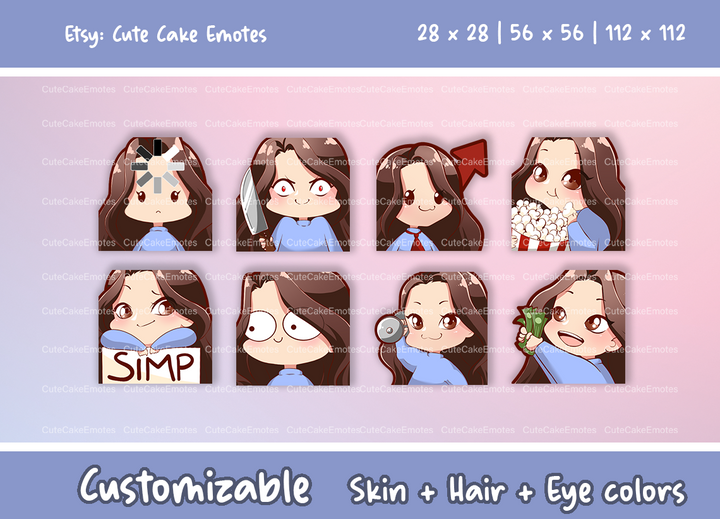 EMOTES BUNDLE Cute Chibi Girl | Perfect for Twitch, Discord, Youtube and more (Female Pack 2 - Jane: brown hair | pale skin | 3 eye colors) - Cute Cake Design