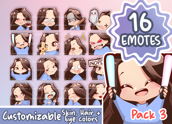 EMOTES BUNDLE Cute Chibi Girl | Perfect for Twitch, Discord, Youtube and more (Female Pack 3 - Jane: brown hair | pale skin | 3 eye colors) - Cute Cake Design