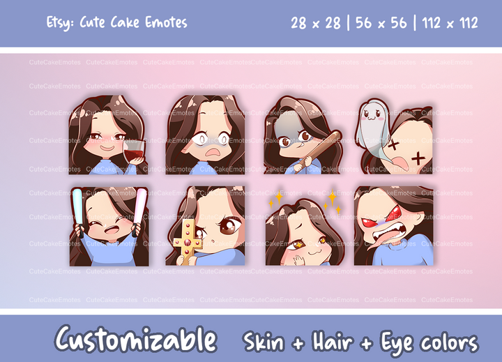 EMOTES BUNDLE Cute Chibi Girl | Perfect for Twitch, Discord, Youtube and more (Female Pack 3 - Jane: brown hair | pale skin | 3 eye colors) - Cute Cake Design