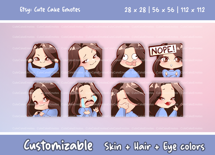 EMOTES BUNDLE Cute Chibi Girl | Perfect for Twitch, Discord, Youtube and more (Female Pack 3 - Jane: brown hair | pale skin | 3 eye colors) - Cute Cake Design