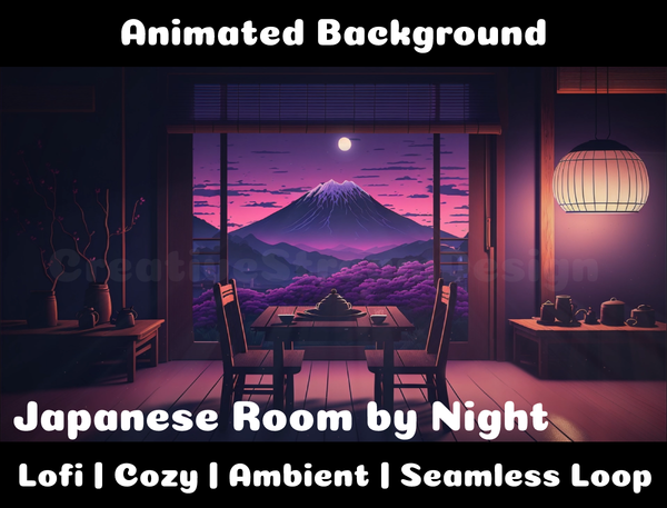 Animated Background | Japanese Room by Night | Twitch, Youtube, vTuber, Streaming, OBS, Overlay - Cute Cake Design