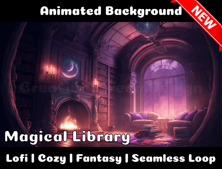 Animated Background | Magical Library | Twitch, Youtube, vTuber, Streaming, OBS, Overlay - Cute Cake Design