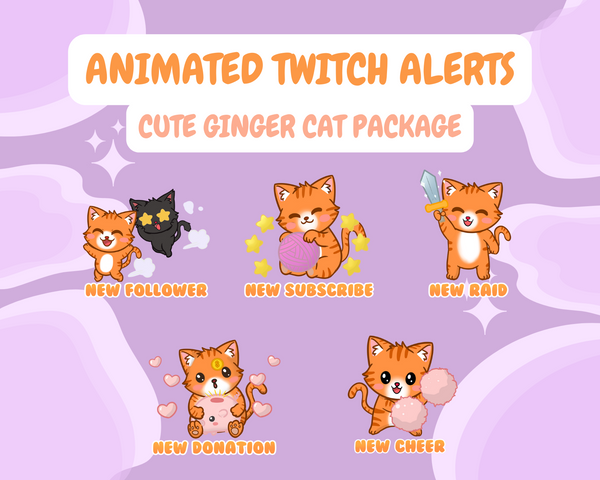 ANIMATED Twitch Alert Bundle | Ginger Kitty / Cat | Stream package | Pack 1 - Cute Cake Design