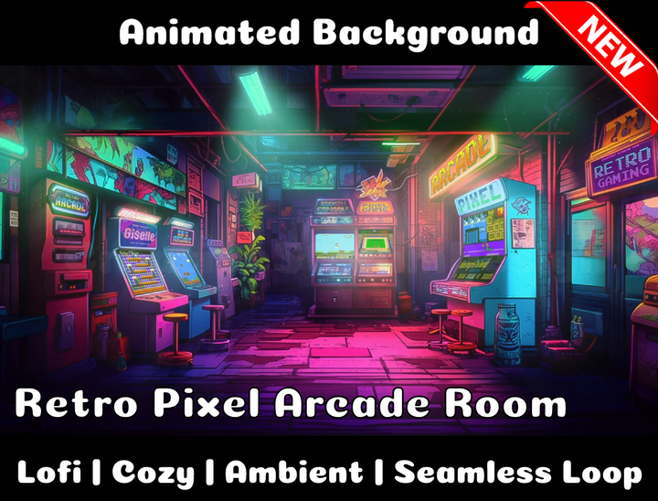 Animated Background | Retro Pixel Arcade Room | Twitch, Youtube, vTuber, Streaming, OBS, Overlay - Cute Cake Design