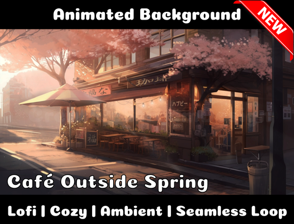 Animated Background | Café Outside Spring | Twitch, Youtube, vTuber, Streaming, OBS, Overlay - Cute Cake Design