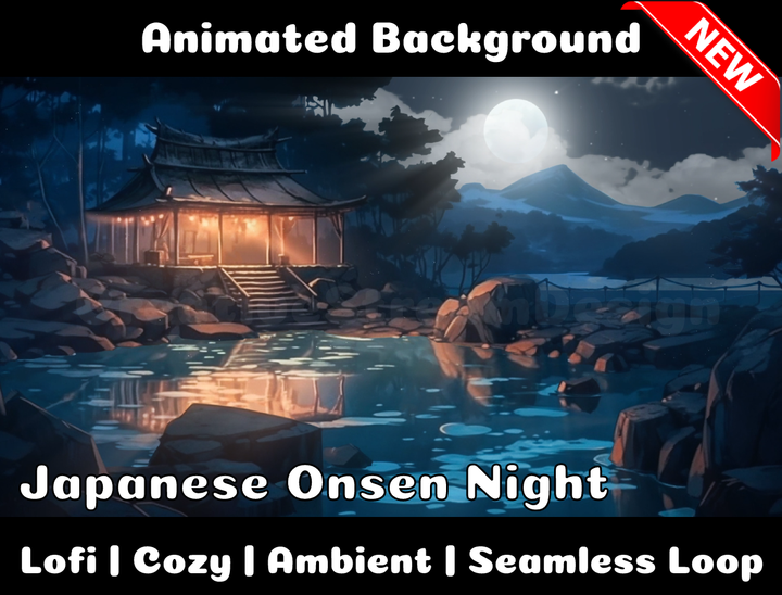 Animated Background | Japanese Onsen Night | Twitch, Youtube, vTuber, Streaming, OBS, Overlay - Cute Cake Design