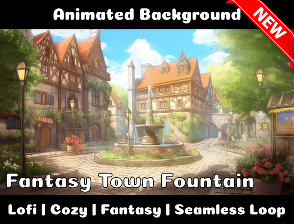 Animated Background | Fantasy Town Fountain | Twitch, Youtube, vTuber, Streaming, OBS, Overlay - Cute Cake Design