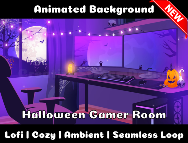 Animated Background | Halloween Gamer Room | Twitch, Youtube, vTuber, Streaming, OBS, Overlay