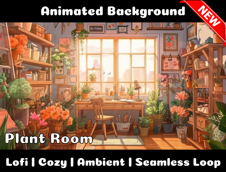 Animated Background | Cozy Plant Room | Twitch, Youtube, vTuber, Streaming, OBS, Overlay - Cute Cake Design