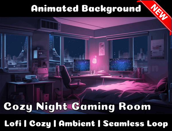 Animated Background | Cozy Night Gaming Room | Twitch, Youtube, vTuber, Streaming, OBS, Overlay - Cute Cake Design