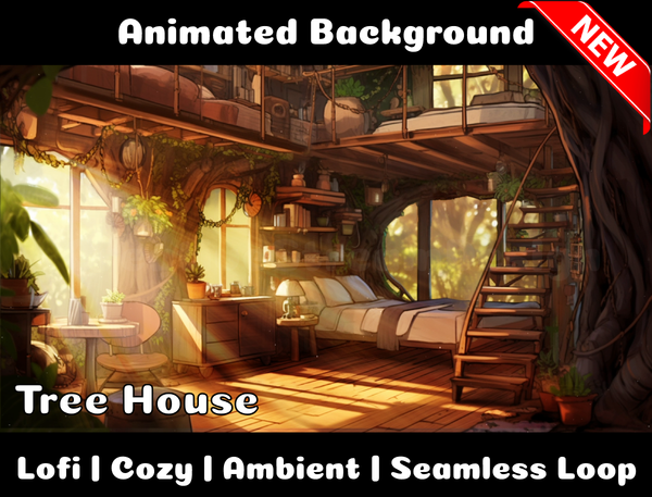 Animated Background | Cozy Tree House | Twitch, Youtube, vTuber, Streaming, OBS, Overlay - Cute Cake Design