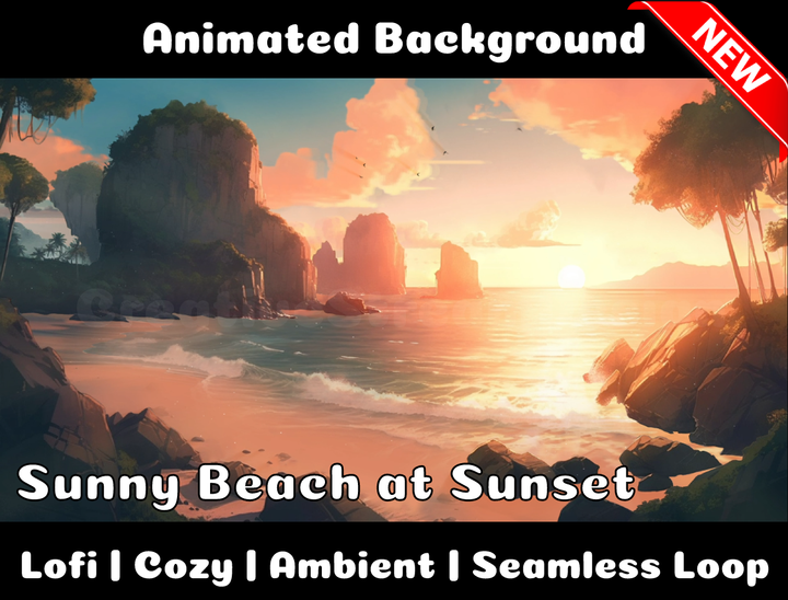 Animated Background | Sunny Beach at Sunset | Twitch, Youtube, vTuber, Streaming, OBS, Overlay - Cute Cake Design