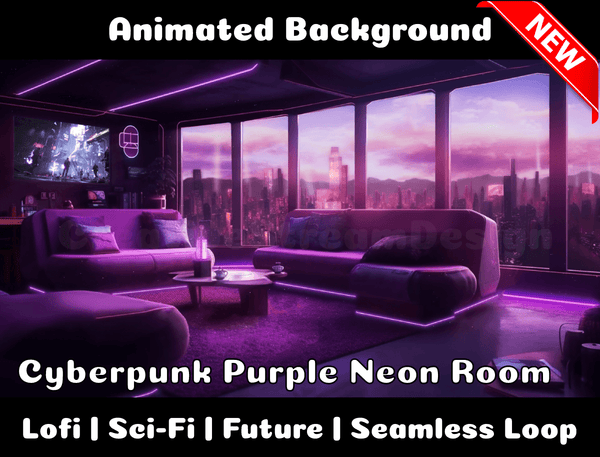 Animated Background | Cyberpunk Purple Neon Room | Twitch, Youtube, vTuber, Streaming, OBS, Overlay - Cute Cake Design