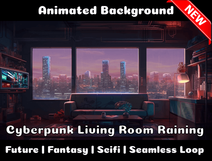 Animated Background | Cyberpunk Living Room Raining | Twitch, Youtube, vTuber, Streaming, OBS, Overlay - Cute Cake Design