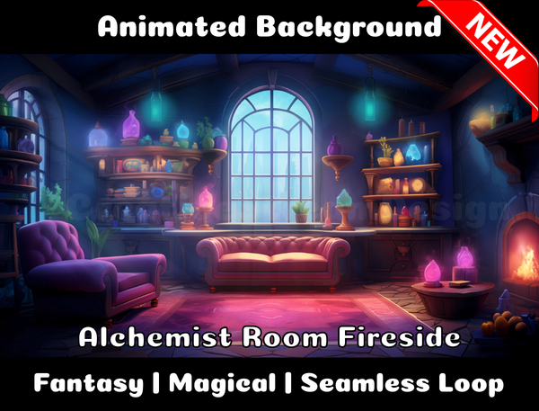 Animated Background | Alchemist Room Fireside | Twitch, Youtube, vTuber, Streaming, OBS, Overlay