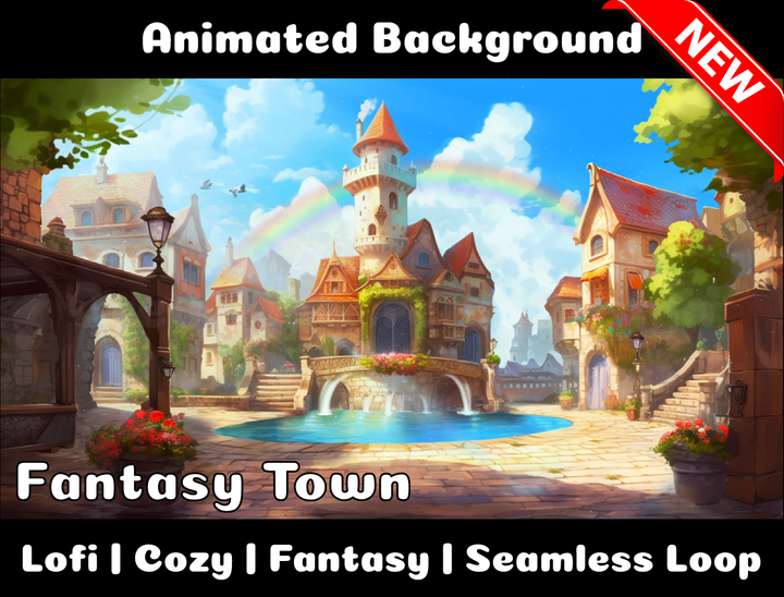 Animated Background | Fantasy Town | Twitch, Youtube, vTuber, Streaming, OBS, Overlay - Cute Cake Design