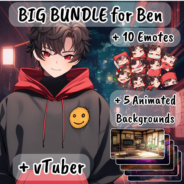 VTuber Bundle | Ben, the hoodie lover | vTuber + 10 Emotes + 5 Animated Backgrounds | Live2D Model streaming twitch, youtube, kick